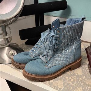 bebe Denim Blue Studded Moto Boots